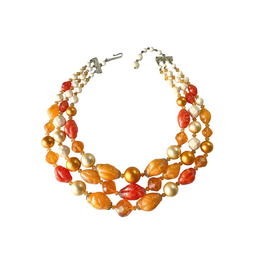 1960s Germany Orange & Cream 3 Strand Beaded Choker Necklace Vintage Mod - Picture 4 of 5